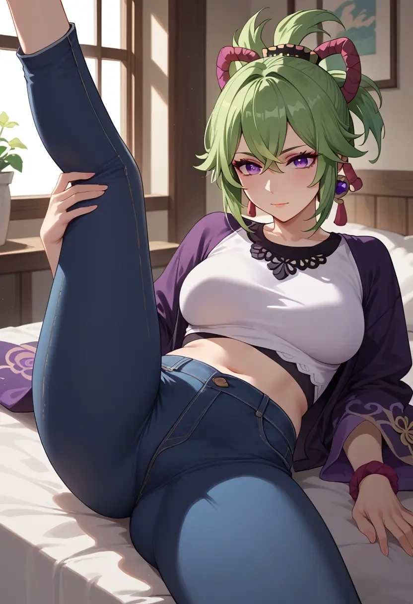 genshin_impact,kuki_shinobu,jeans shorts,spread legs,one leg up,sexy  - 