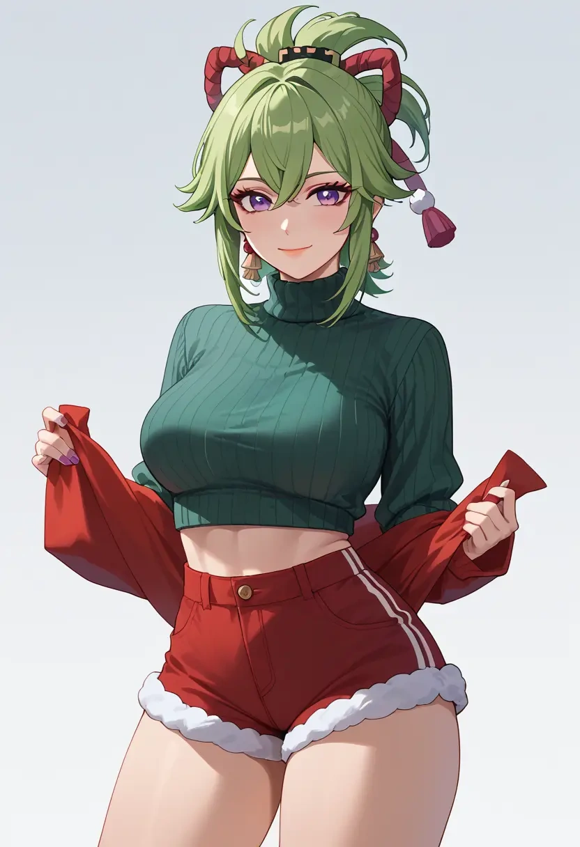 genshin_impact,kuki_shinobu,Christmas,red velvet shorts,turtleneck sweater  - 