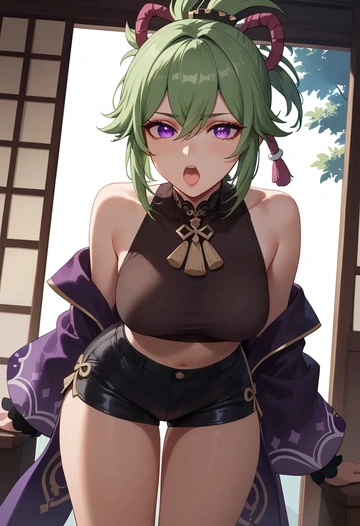 genshin_impact,kuki_shinobu,leather,shorts,crop top  - AI generated anime art