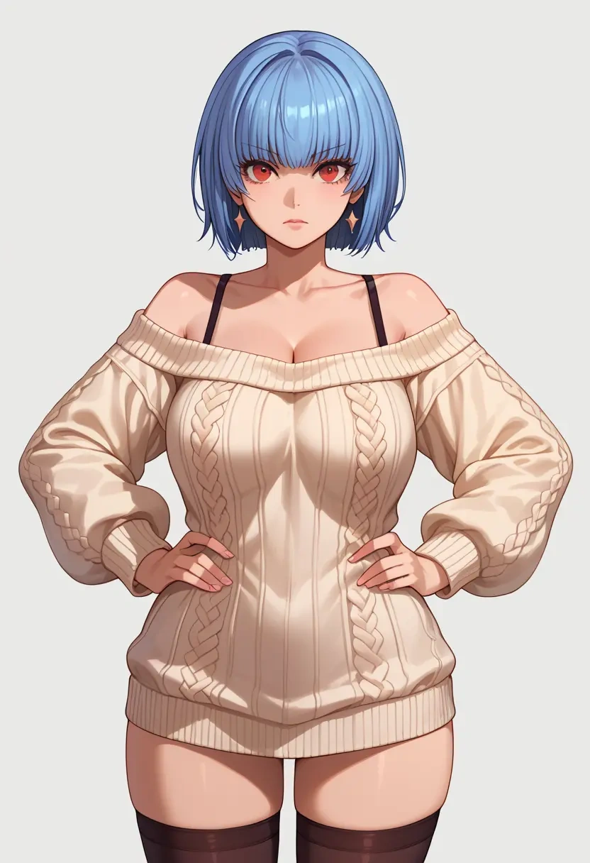 the_king_of_fighters,kula_diamond,Hands on hips,off-shoulder,sweater,stockings  - 