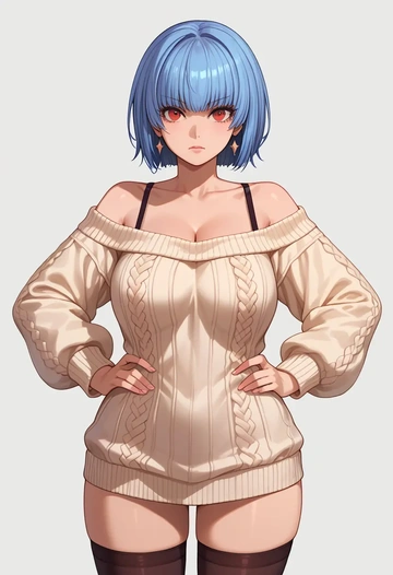 the_king_of_fighters,kula_diamond,Hands on hips,off-shoulder,sweater,stockings  - AI generated anime art