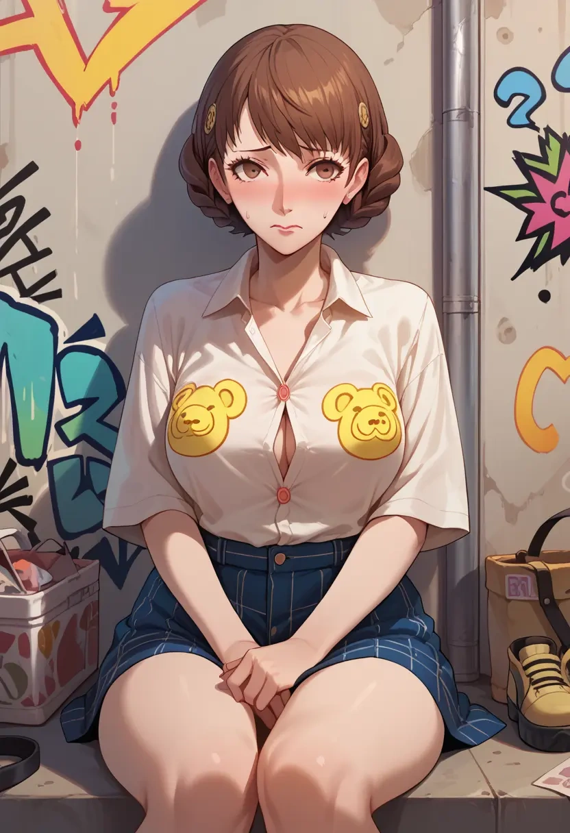 persona,kuma_(persona_4),oversized graffiti shirt,dolphin shorts  - 