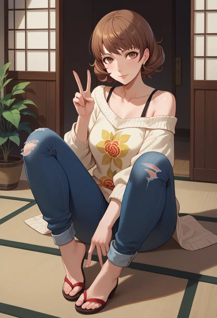 persona,kuma_(persona_4),sweater,off-shoulder,ripped jeans  - 