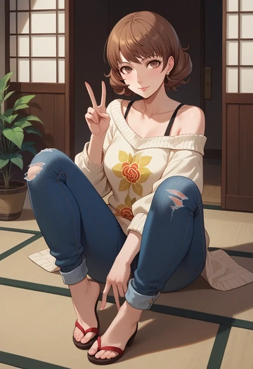 persona,kuma_(persona_4),sweater,off-shoulder,ripped jeans  - AI generated anime art