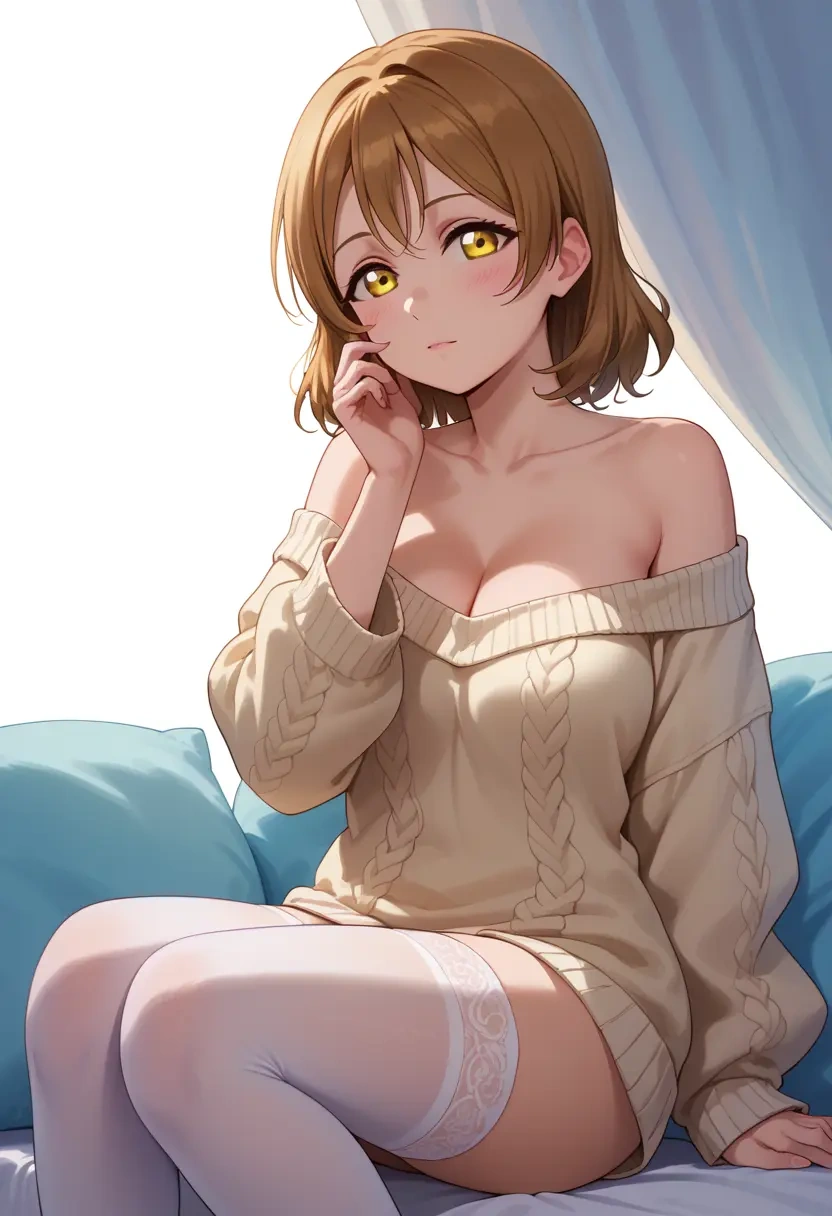 love_live!,kunikida_hanamaru,cross-legged,Head resting on hand,off-shoulder,sweater  - 