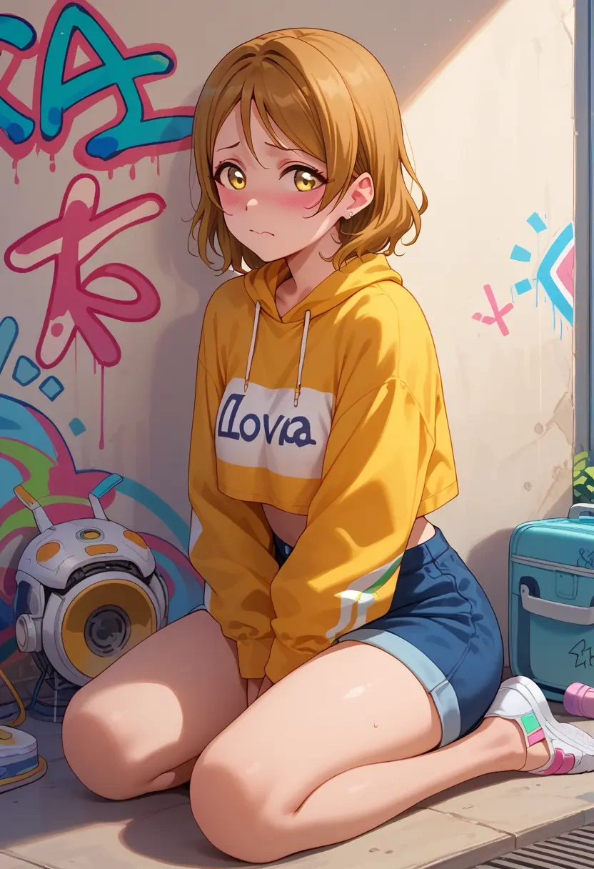 love_live!,kunikida_hanamaru,cropped graffiti sweatshirt,dolphin shorts  - 