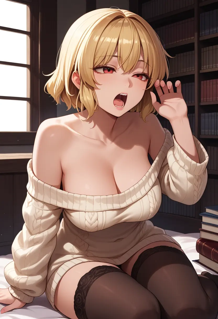 touhou,kurodani_yamame,Yawning,off-shoulder,sweater,stockings  - 