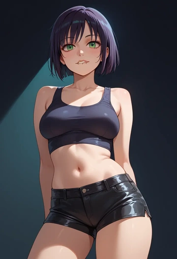 watashi_ga_motenai_no_wa_dou_kangaetemo_omaera_ga_warui!,kuroki_tomoko,leather,shorts,crop top  - AI generated anime art