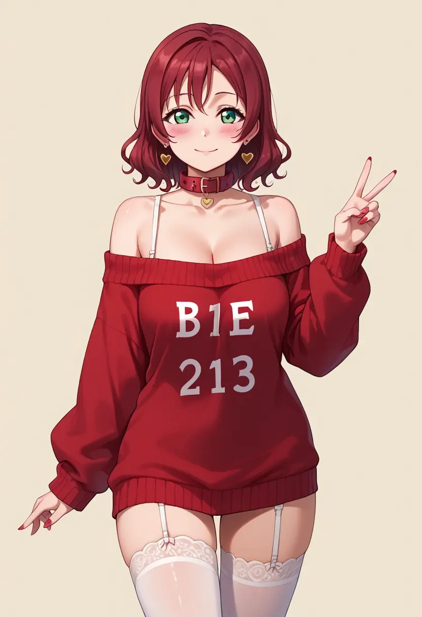 love_live!,kurosawa_ruby,blushing,collar,off-shoulder,sweater,stockings  - 