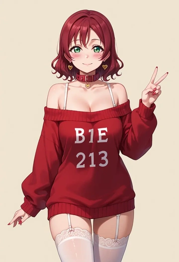 love_live!,kurosawa_ruby,blushing,collar,off-shoulder,sweater,stockings  - AI generated anime art