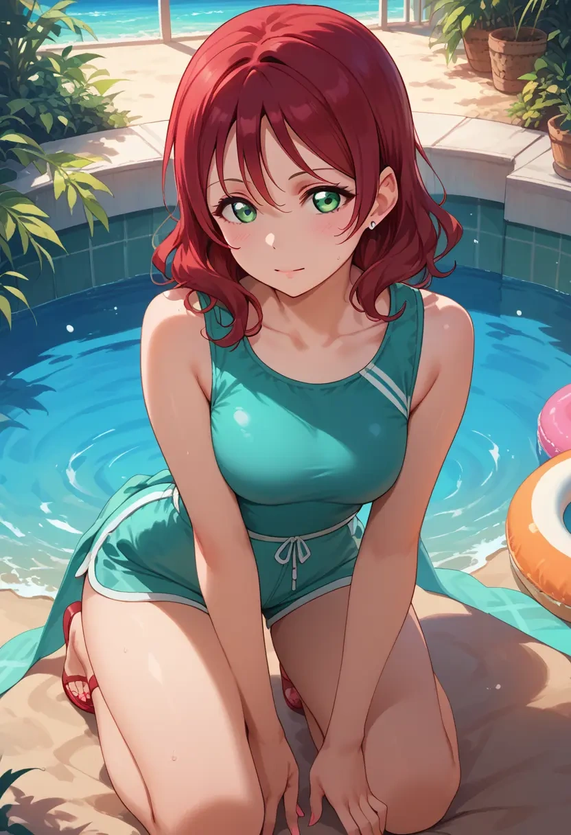 love_live!,kurosawa_ruby,sleeveless swim top,shorts-style bottom,contrast stitching  - 