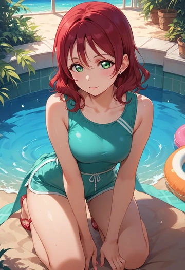 love_live!,kurosawa_ruby,sleeveless swim top,shorts-style bottom,contrast stitching  - AI generated anime art