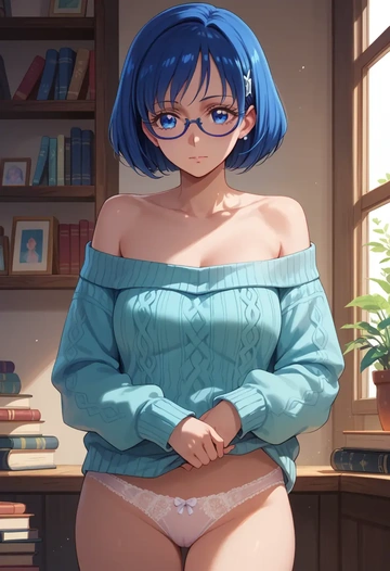 precure,kurumi_erika,off-shoulder,panties,glasses,sweater  - AI generated anime art