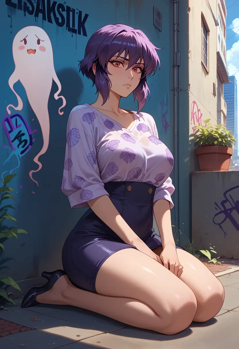 ghost_in_the_shell,kusanagi_motoko,silk graffiti shirt,dolphin shorts  - 