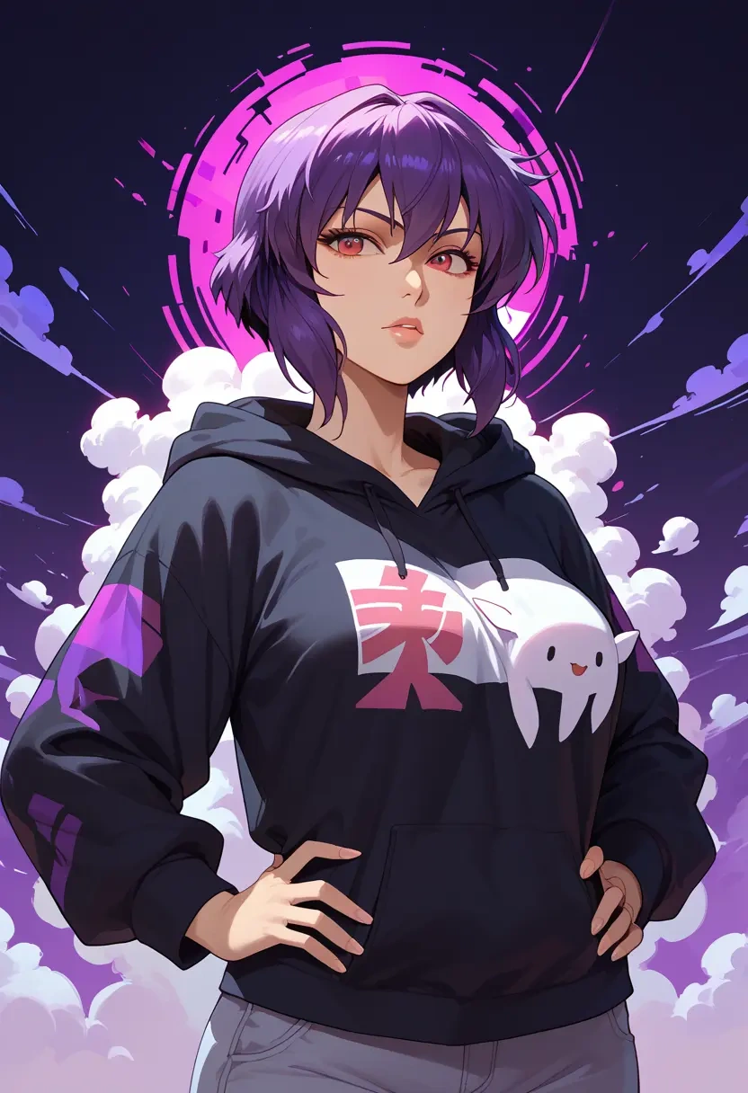 ghost_in_the_shell,kusanagi_motoko,oversized graphic hoodie,thigh-high socks,shorts  - 