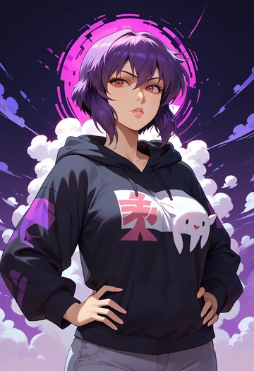 ghost_in_the_shell,kusanagi_motoko,oversized graphic hoodie,thigh-high socks,shorts  - AI generated anime art