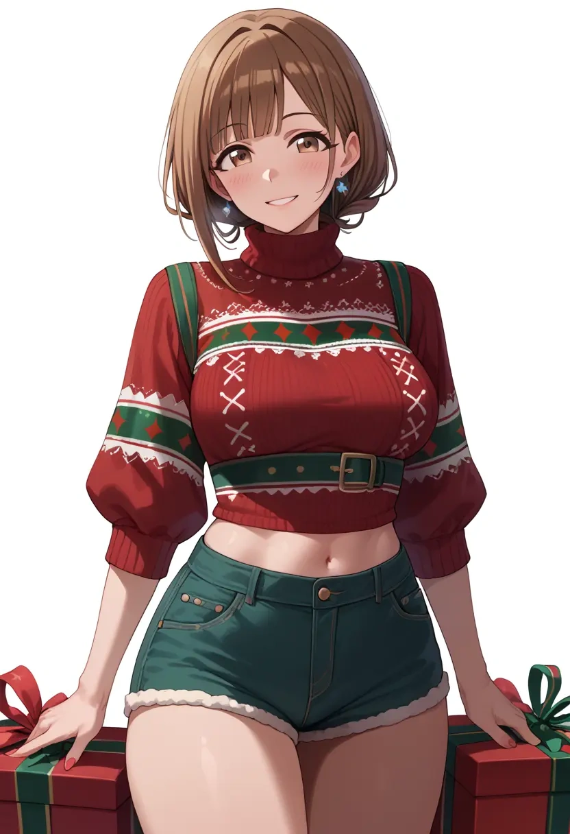 idolmaster,kuwayama_chiyuki,Christmas,red velvet shorts,turtleneck sweater  - 