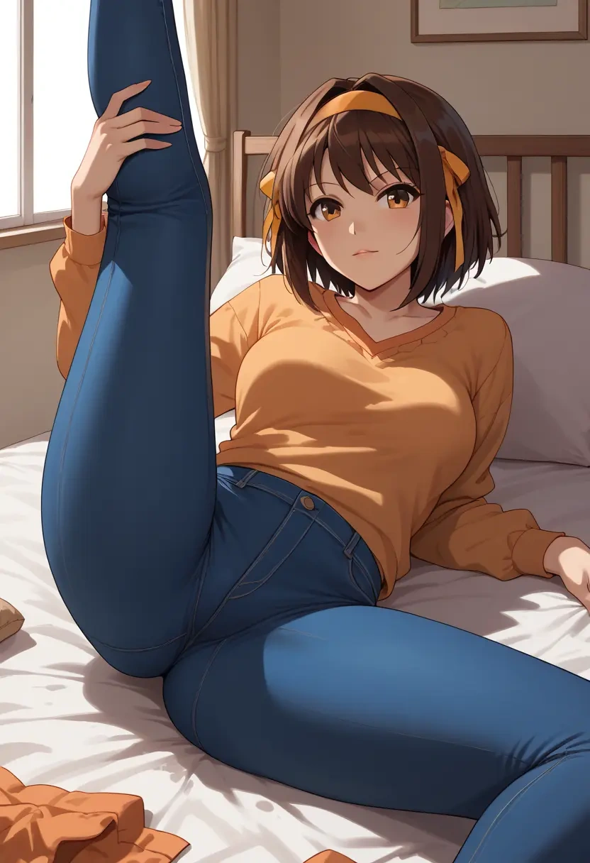 suzumiya_haruhi_no_yuuutsu,kyonko,jeans shorts,spread legs,one leg up,sexy  - 