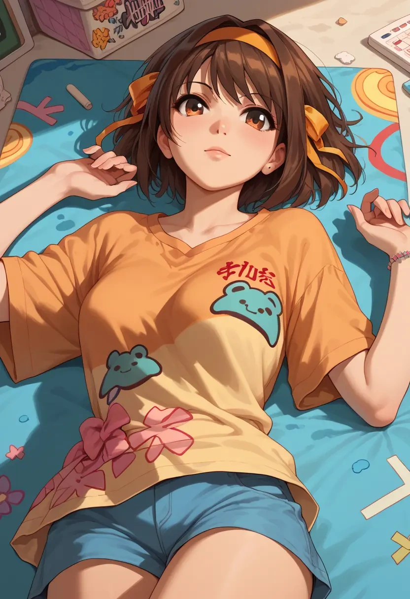 suzumiya_haruhi_no_yuuutsu,kyonko,oversized graffiti shirt,dolphin shorts  - 