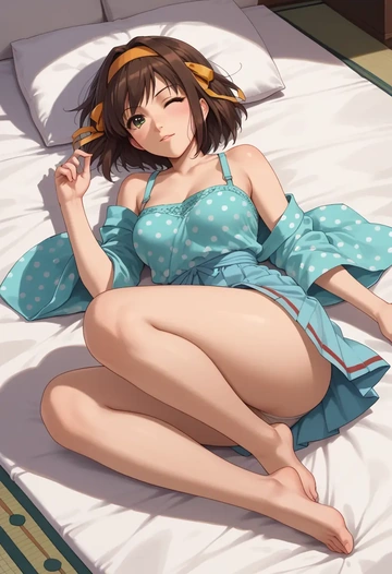 suzumiya_haruhi_no_yuuutsu,kyonko,silk slip dress,polka dots  - AI generated anime art