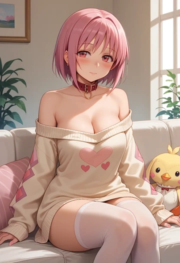 mahou_shoujo_madoka_magica,kyubey,blushing,collar,off-shoulder,sweater,stockings  - AI generated anime art