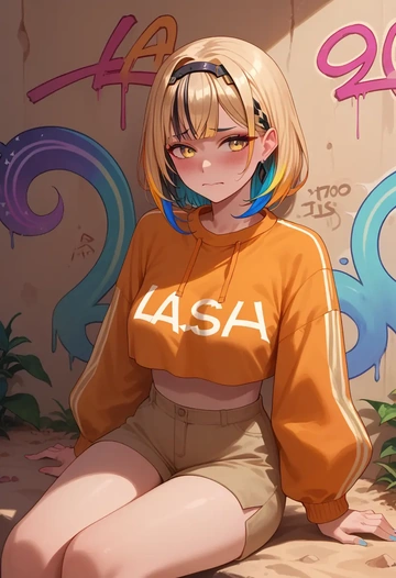 hololive,la+_darknesss,cropped graffiti sweatshirt,dolphin shorts  - AI generated anime art