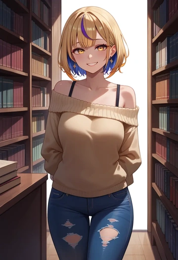 hololive,la+_darknesss,sweater,off-shoulder,ripped jeans  - AI generated anime art