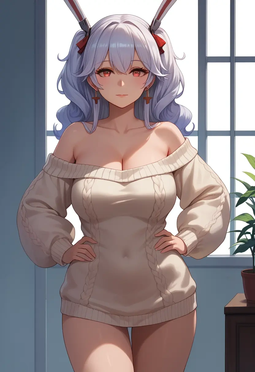 azur_lane,laffey_(azur_lane),Hands on hips,off-shoulder,sweater  - 