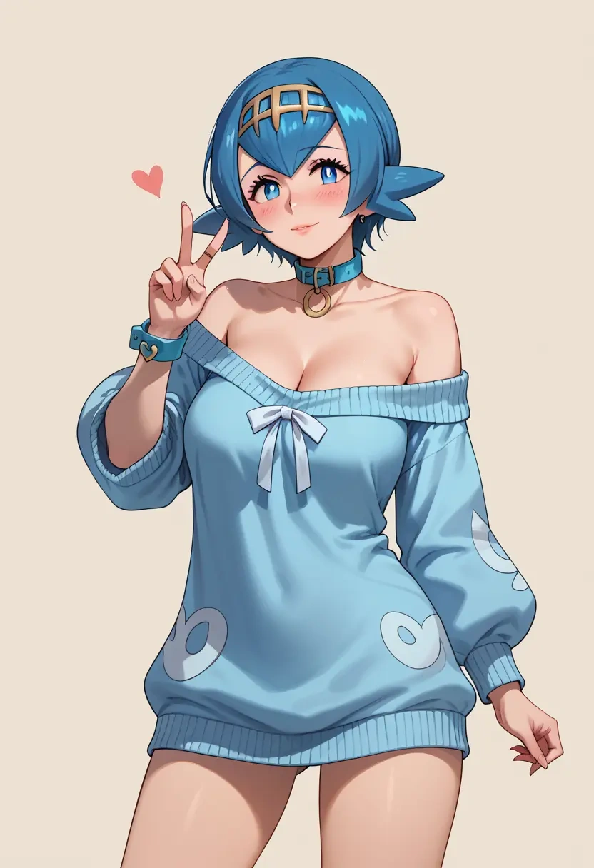 pokemon,lana_(pokemon),blushing,collar,peace sign,off-shoulder,sweater  - 