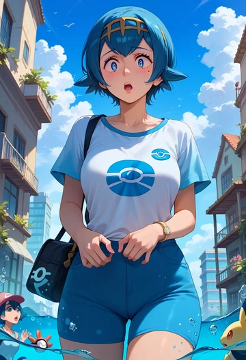 pokemon,lana_(pokemon),handwritten script shirt,dolphin shorts  - AI generated anime art