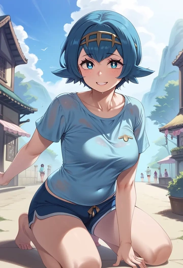 pokemon,lana_(pokemon),running shirt,shorts,sneakers  - AI generated anime art