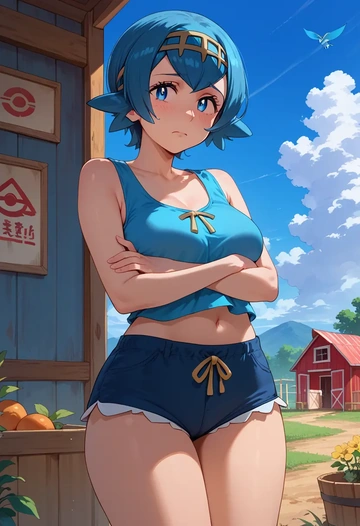 pokemon,lana_(pokemon),sleeveless swim top,shorts-style bottom,contrast stitching  - AI generated anime art