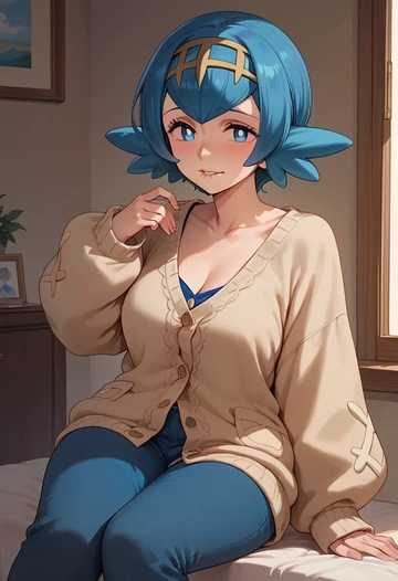 pokemon,lana_(pokemon),cardigan,oversized,wide-leg pants  - AI generated anime art