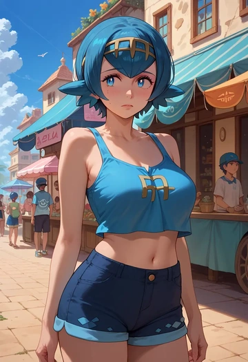 pokemon,lana_(pokemon),crop top,athletic shorts  - AI generated anime art