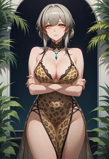 arknights,lappland_(arknights),leopard print,silk slip dress  - AI generated anime art