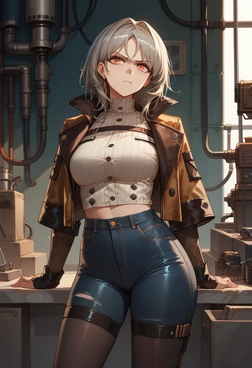 arknights,lappland_(arknights),denim jacket,cropped,leather leggings  - AI generated anime art