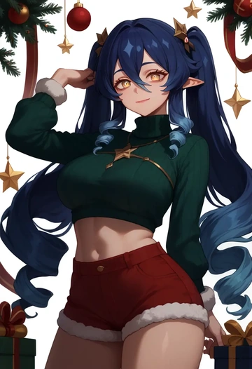 genshin impact,layla,Christmas,red velvet shorts,turtleneck sweater  - AI generated anime art