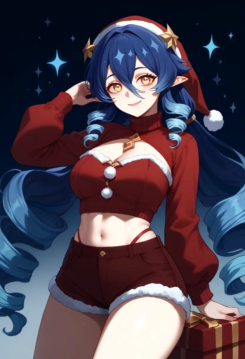 genshin impact,layla,Christmas,red velvet shorts,turtleneck sweater  - 