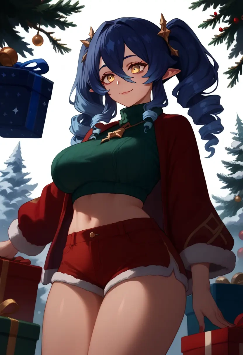 genshin impact,layla,Christmas,red velvet shorts,turtleneck sweater  - 