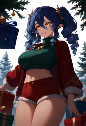 genshin impact,layla,Christmas,red velvet shorts,turtleneck sweater  - AI generated anime art