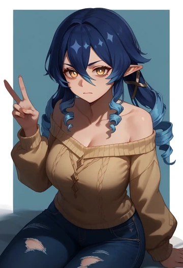 genshin impact,layla,sweater,off-shoulder,ripped jeans  - AI generated anime art