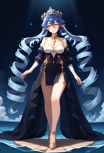 genshin impact,layla,gown,strapless,mermaid silhouette  - AI generated anime art