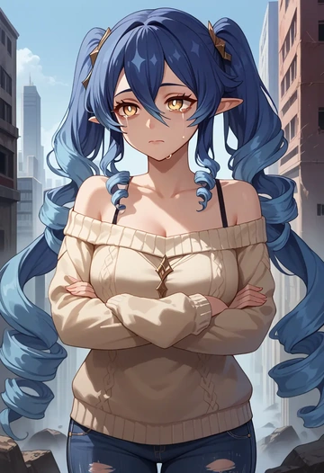 genshin impact,layla,sweater,off-shoulder,ripped jeans  - AI generated anime art