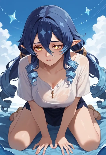 genshin impact,layla,tie-dye shirt,dolphin shorts  - AI generated anime art