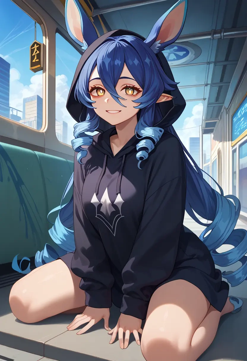 genshin impact,layla,oversized graphic hoodie,thigh-high socks,shorts  - 