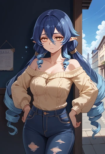 genshin impact,layla,sweater,off-shoulder,ripped jeans  - AI generated anime art