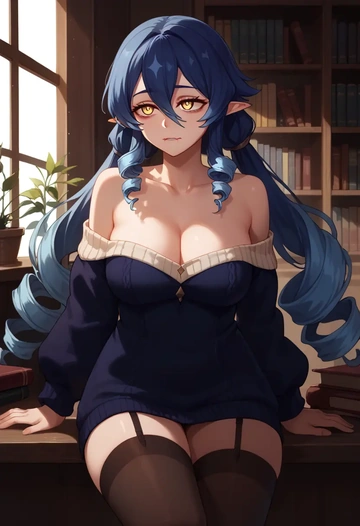 genshin impact,layla,Biting lip,off-shoulder,sweater,stockings  - AI generated anime art