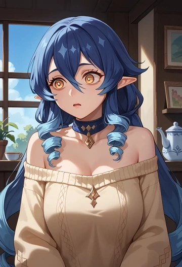 genshin impact,layla,sweater,off-shoulder,collar  - AI generated anime art