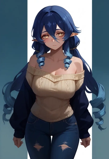 genshin impact,layla,sweater,off-shoulder,ripped jeans  - AI generated anime art