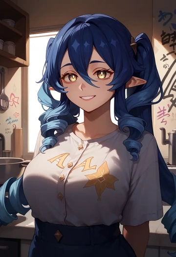 genshin impact,layla,oversized graffiti shirt,dolphin shorts  - AI generated anime art